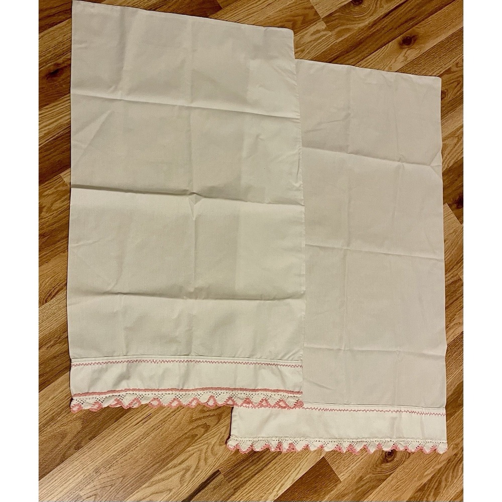 TWO Matching Cannon Bed Pillow Cases with Pink & White Crocheted Trim